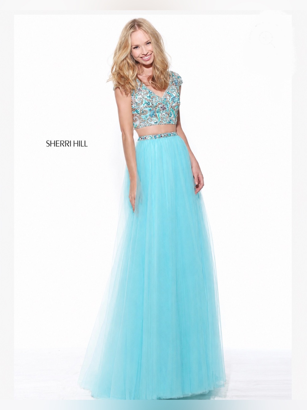 NWT $650 Sherri Hill Turquoise Two-Piece Beaded Prom Gown Dress Set Aqua